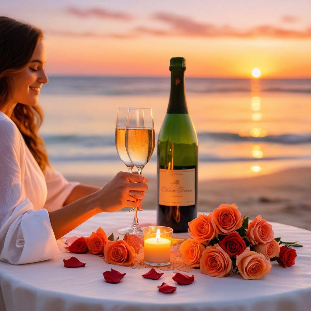 A romantic candlelit dinner set against a sunset beach, with a couple holding hands, soft roses in the background, and a bottle of champagne on the table, capturing an intimate, passionate moment. Painting style. Warm, vibrant colors.