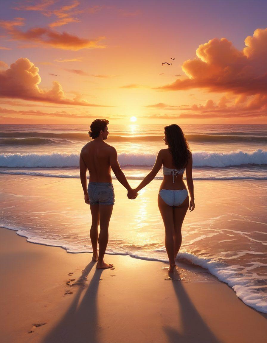 A couple holding hands, sitting on a sandy beach at sunset, surrounded by a serene ocean, with gentle waves lapping at their feet. They look lovingly into each other's eyes with a background of a heart-shaped cloud in the sky. super-realistic. vibrant colors. warm, golden tones.