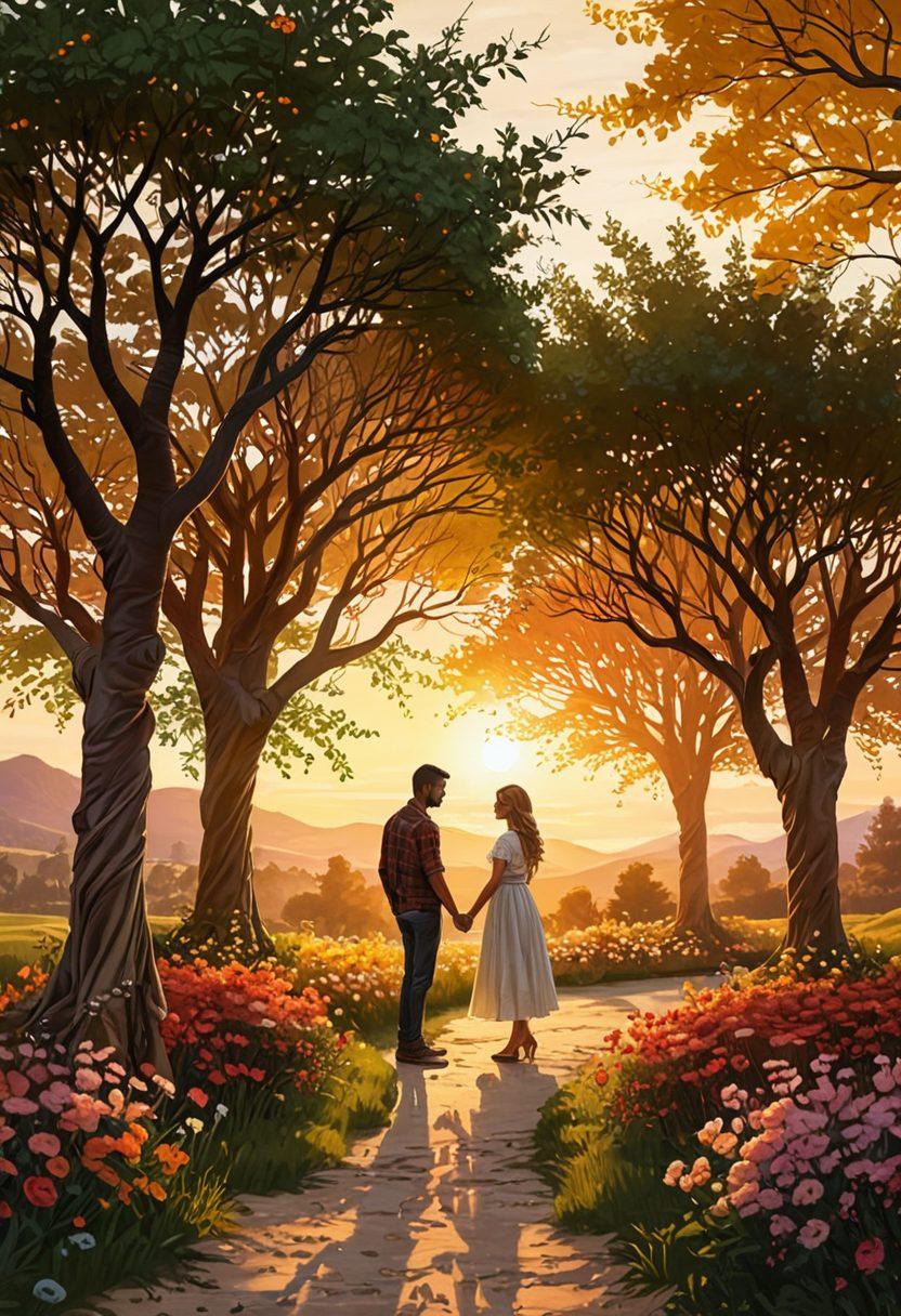 A couple standing on a path lined with blooming flowers, holding hands and looking at each other with loving gazes. The background includes a sunset casting a golden glow, symbolizing enduring love and commitment. Include subtle symbols of growth and unity, like intertwined tree branches. super-realistic. vibrant colors. warm tones.